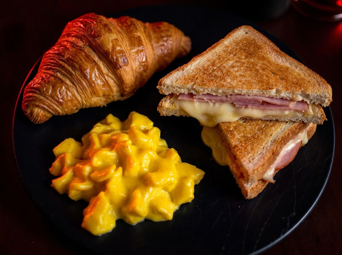 Scrambled eggs, croissants and toast at Karma Restaurant