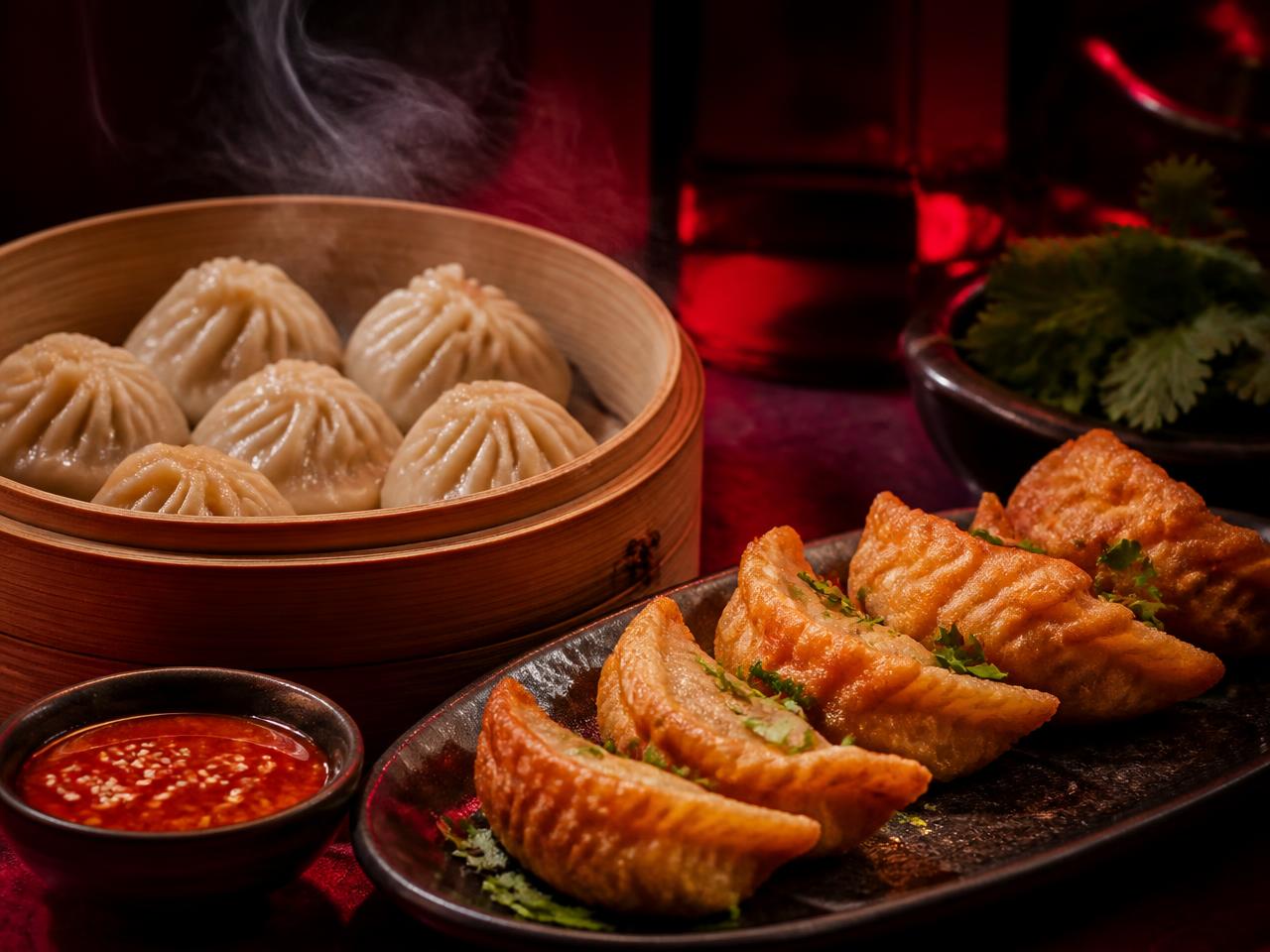 Steamed, fried and chilli momo at Karma Restaurant